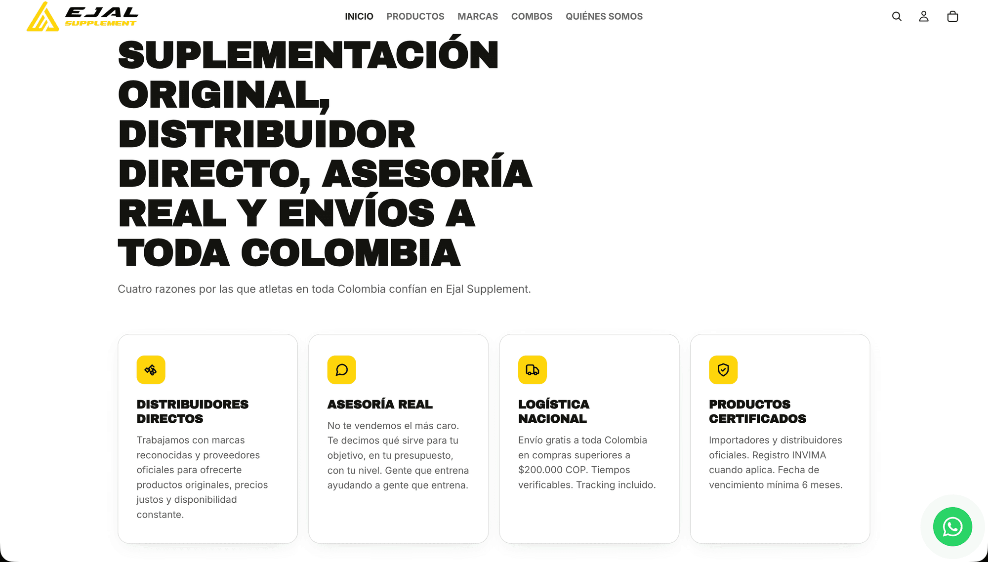 Portada de la tienda de Ejal Supplement en computador: titular de suplementación original y distribuidor directo, y cuatro tarjetas con distribuidores directos, asesoría real, logística nacional y productos certificados.