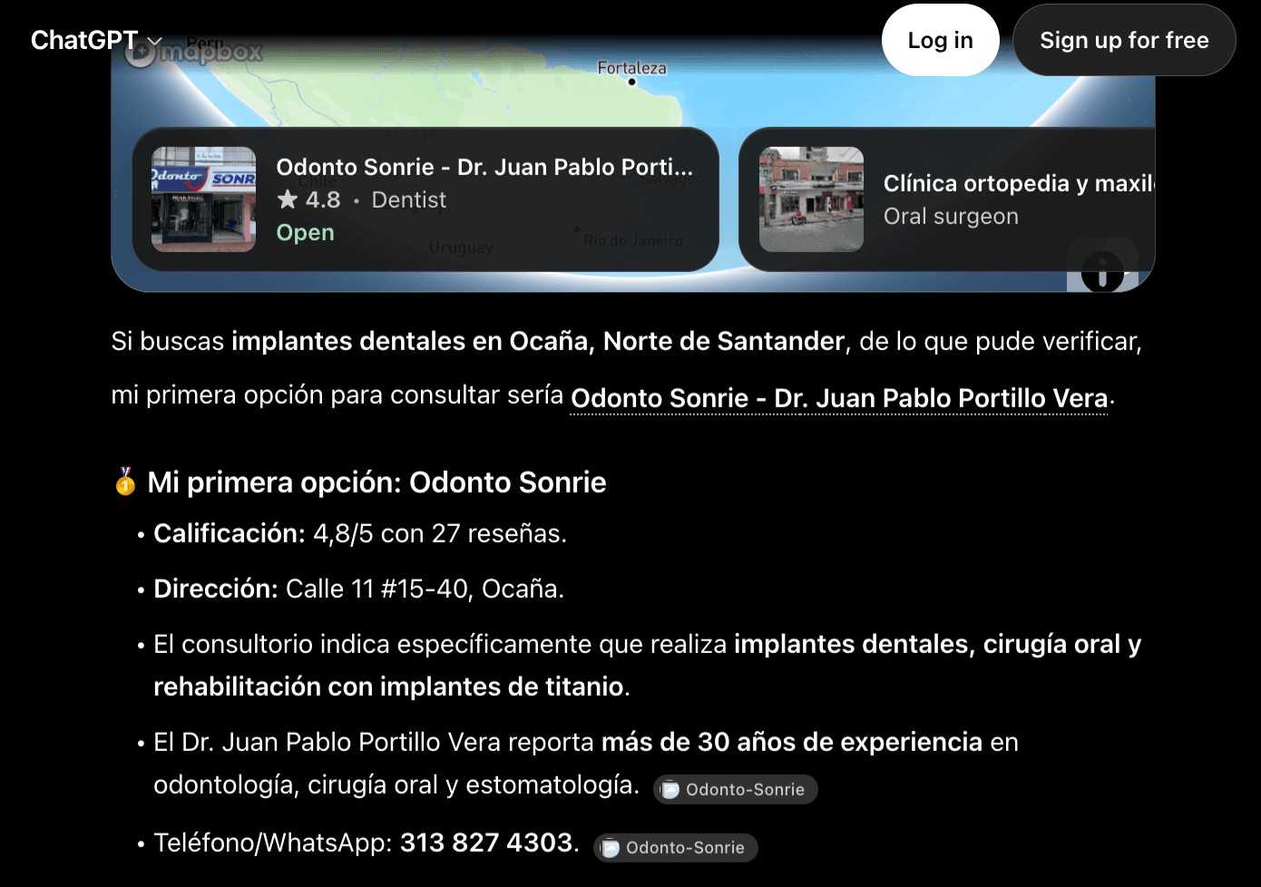 Respuesta de ChatGPT nombrando a Odonto-Sonrie como primera opción para implantes dentales, con calificación 4,8, dirección, servicios y teléfono, citando el sitio del consultorio como fuente.